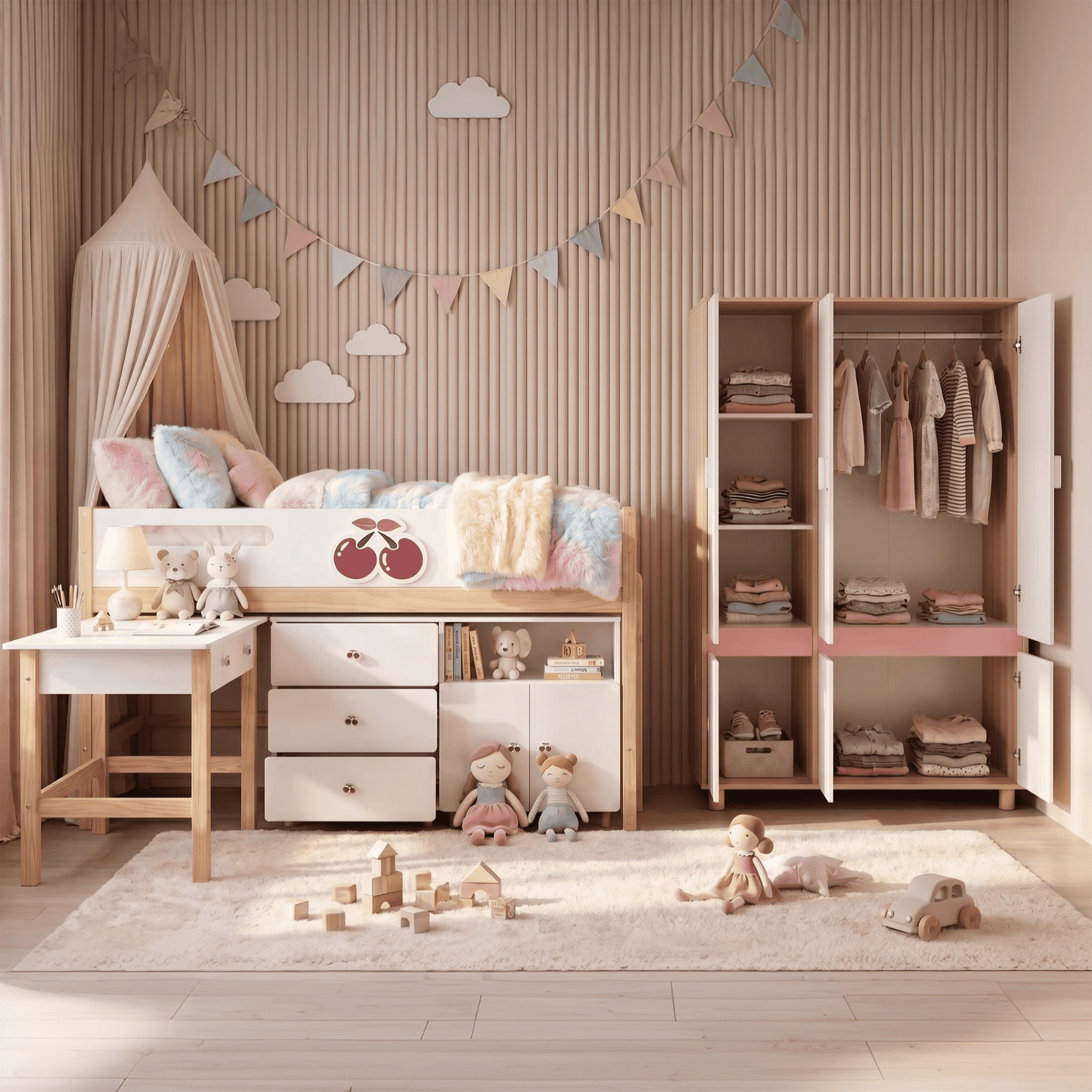 Комплект Детска Стая GINGER HOME CHERRY с Комбинирано Легло 90x200 см, Бюро, Скрин, Шкаф и Трикрилен Гардероб, Бяло, Розово и Натурално Дърво Комплект Детска Стая GINGER HOME CHERRY с Комбинирано Легло 90x200 см, Бюро, Скрин, Шкаф и Трикрилен Гардероб, Бяло, Розово и Натурално Дърво