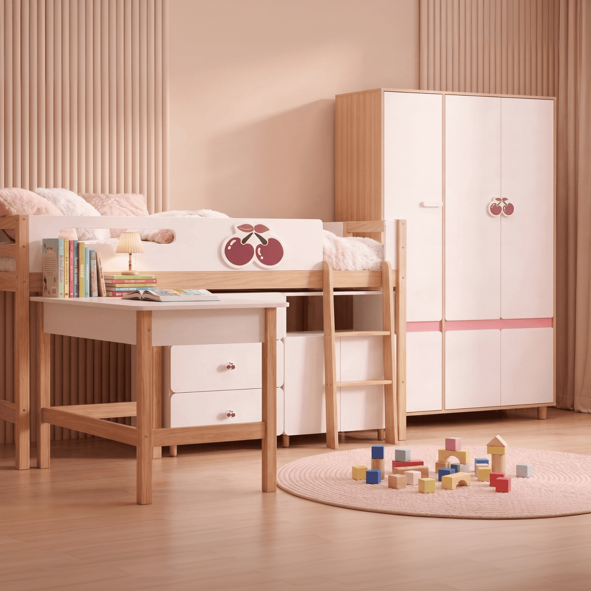 Комплект Детска Стая GINGER HOME CHERRY с Комбинирано Легло 90x200 см, Бюро, Скрин, Шкаф и Трикрилен Гардероб, Бяло, Розово и Натурално Дърво Комплект Детска Стая GINGER HOME CHERRY с Комбинирано Легло 90x200 см, Бюро, Скрин, Шкаф и Трикрилен Гардероб, Бяло, Розово и Натурално Дърво