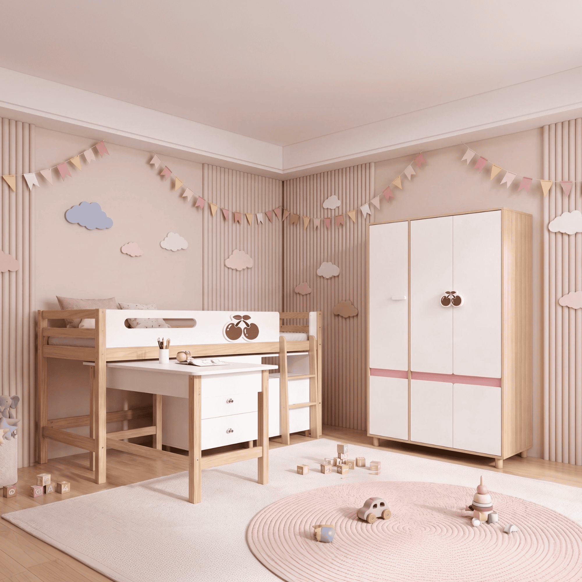 Комплект Детска Стая GINGER HOME CHERRY с Комбинирано Легло 90x200 см, Бюро, Скрин, Шкаф и Трикрилен Гардероб, Бяло, Розово и Натурално Дърво Комплект Детска Стая GINGER HOME CHERRY с Комбинирано Легло 90x200 см, Бюро, Скрин, Шкаф и Трикрилен Гардероб, Бяло, Розово и Натурално Дърво