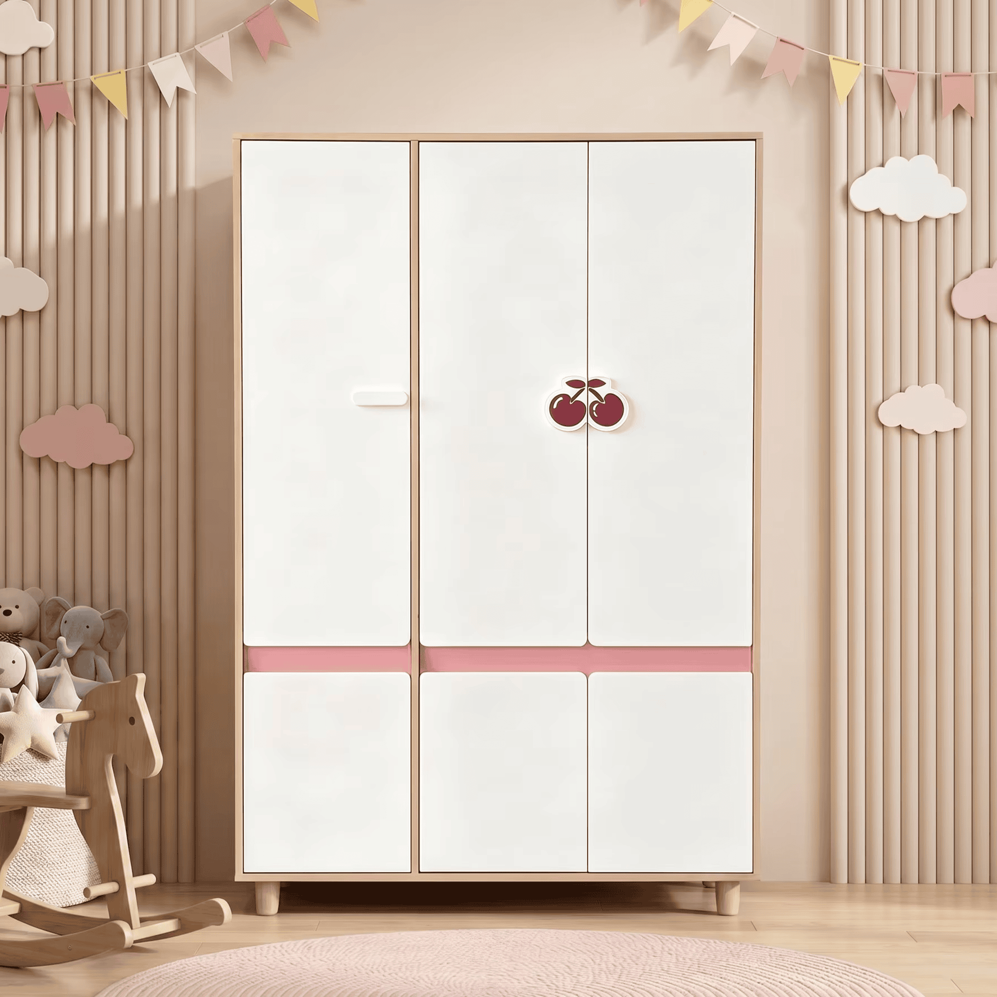 Комплект Детска Стая GINGER HOME CHERRY с Комбинирано Легло 90x200 см, Бюро, Скрин, Шкаф и Трикрилен Гардероб, Бяло, Розово и Натурално Дърво Комплект Детска Стая GINGER HOME CHERRY с Комбинирано Легло 90x200 см, Бюро, Скрин, Шкаф и Трикрилен Гардероб, Бяло, Розово и Натурално Дърво