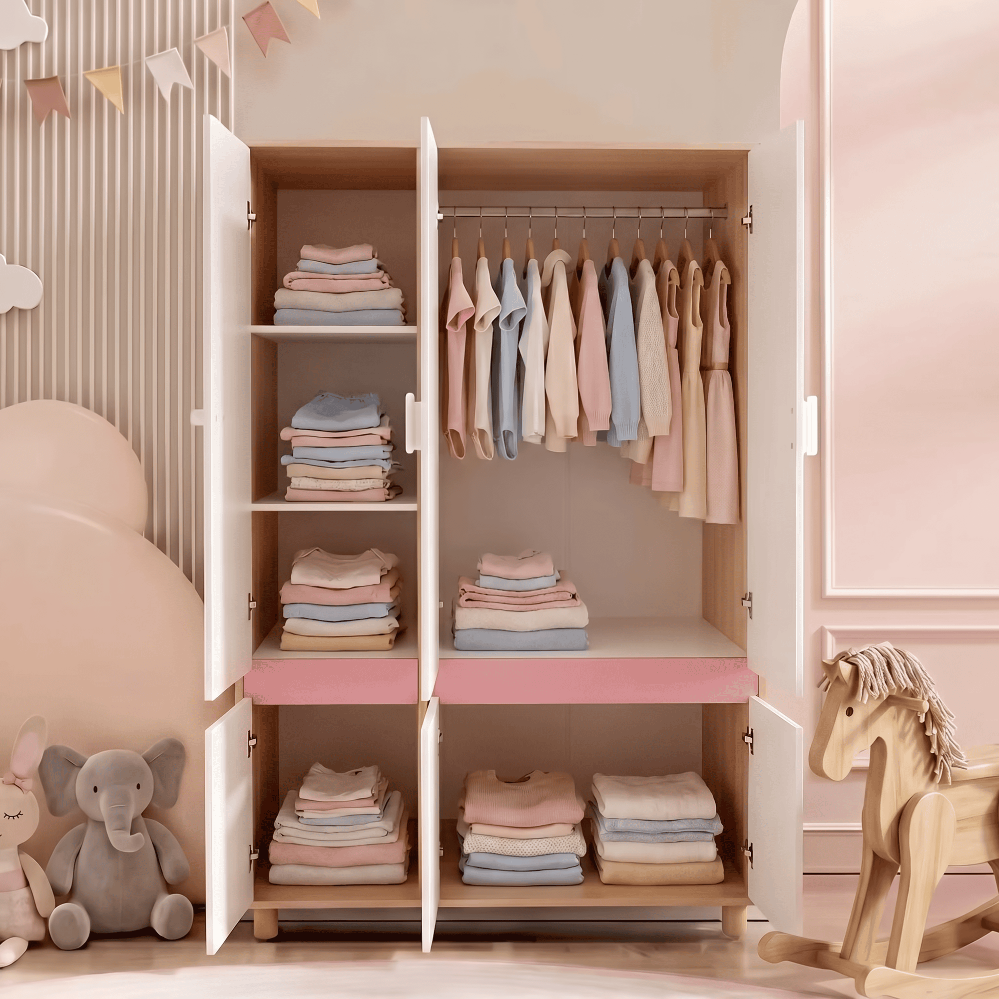 Комплект Детска Стая GINGER HOME CHERRY с Комбинирано Легло 90x200 см, Бюро, Скрин, Шкаф и Трикрилен Гардероб, Бяло, Розово и Натурално Дърво Комплект Детска Стая GINGER HOME CHERRY с Комбинирано Легло 90x200 см, Бюро, Скрин, Шкаф и Трикрилен Гардероб, Бяло, Розово и Натурално Дърво