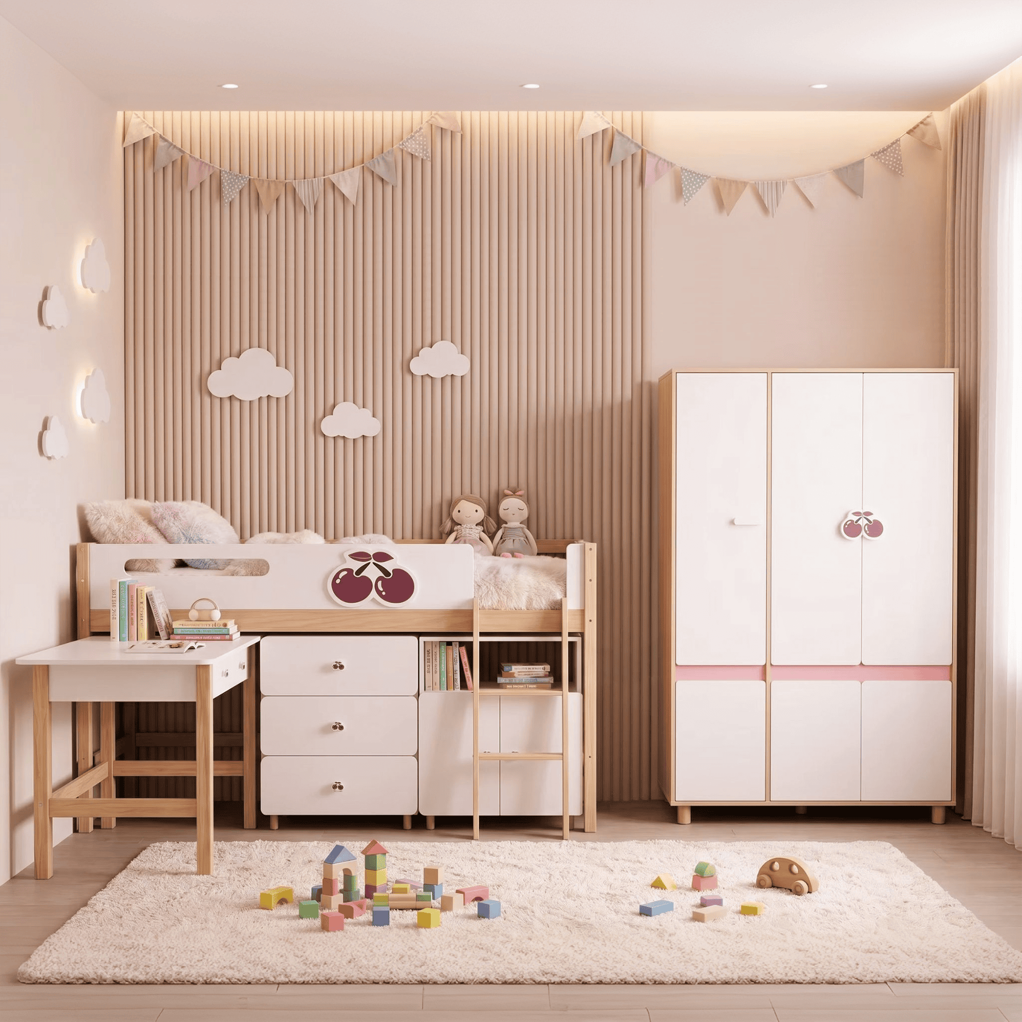 Комплект Детска Стая GINGER HOME CHERRY с Комбинирано Легло 90x200 см, Бюро, Скрин, Шкаф и Трикрилен Гардероб, Бяло, Розово и Натурално Дърво Комплект Детска Стая GINGER HOME CHERRY с Комбинирано Легло 90x200 см, Бюро, Скрин, Шкаф и Трикрилен Гардероб, Бяло, Розово и Натурално Дърво