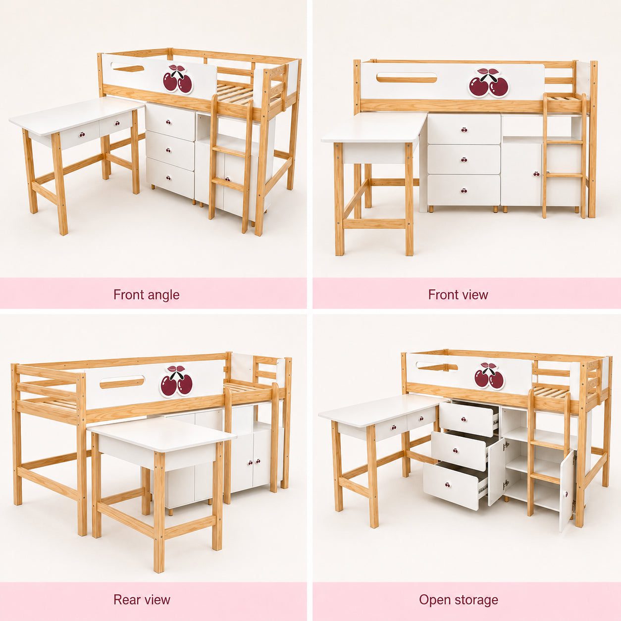 Комплект Детска Стая GINGER HOME CHERRY с Комбинирано Легло 90x200 см, Бюро, Скрин, Шкаф и Трикрилен Гардероб, Бяло, Розово и Натурално Дърво Комплект Детска Стая GINGER HOME CHERRY с Комбинирано Легло 90x200 см, Бюро, Скрин, Шкаф и Трикрилен Гардероб, Бяло, Розово и Натурално Дърво