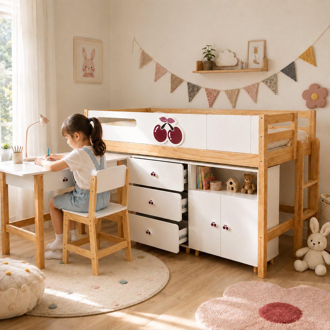 Комплект Детска Стая GINGER HOME CHERRY с Комбинирано Легло 90x200 см, Бюро, Скрин, Шкаф и Трикрилен Гардероб, Бяло, Розово и Натурално Дърво Комплект Детска Стая GINGER HOME CHERRY с Комбинирано Легло 90x200 см, Бюро, Скрин, Шкаф и Трикрилен Гардероб, Бяло, Розово и Натурално Дърво