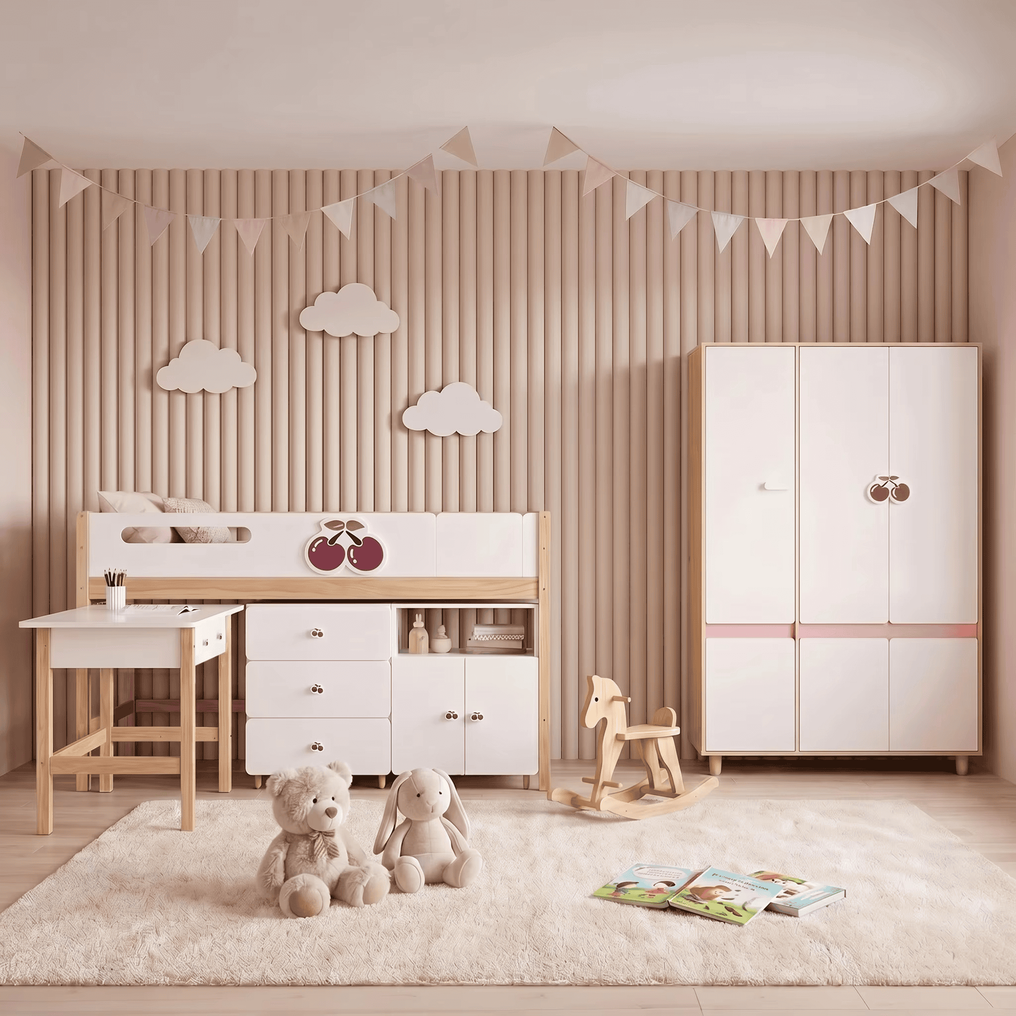 Комплект Детска Стая GINGER HOME CHERRY с Комбинирано Легло 90x200 см, Бюро, Скрин, Шкаф и Трикрилен Гардероб, Бяло, Розово и Натурално Дърво Комплект Детска Стая GINGER HOME CHERRY с Комбинирано Легло 90x200 см, Бюро, Скрин, Шкаф и Трикрилен Гардероб, Бяло, Розово и Натурално Дърво