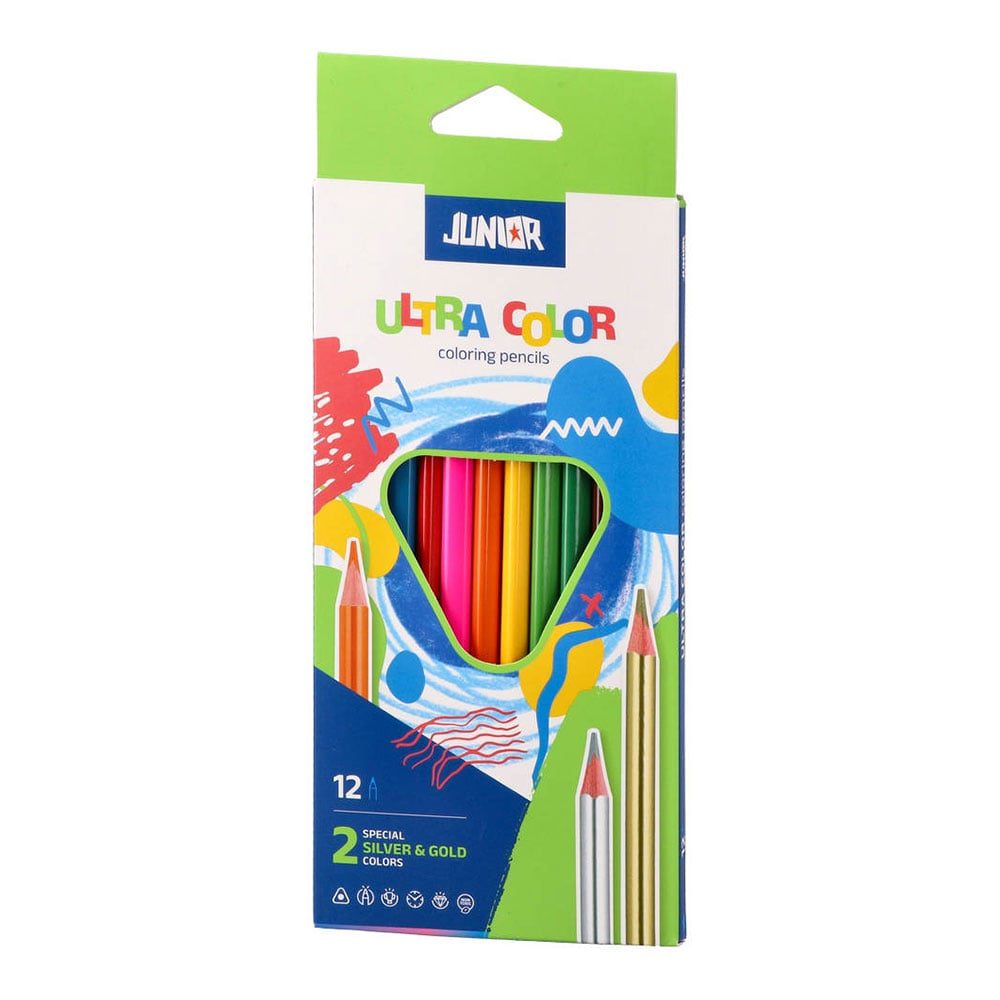 Цветни моливи Junior Ultra Color, триъгълни, 10 стандартни и 2 металикови цвята Цветни моливи Junior Ultra Color, триъгълни, 10 стандартни и 2 металикови цвята