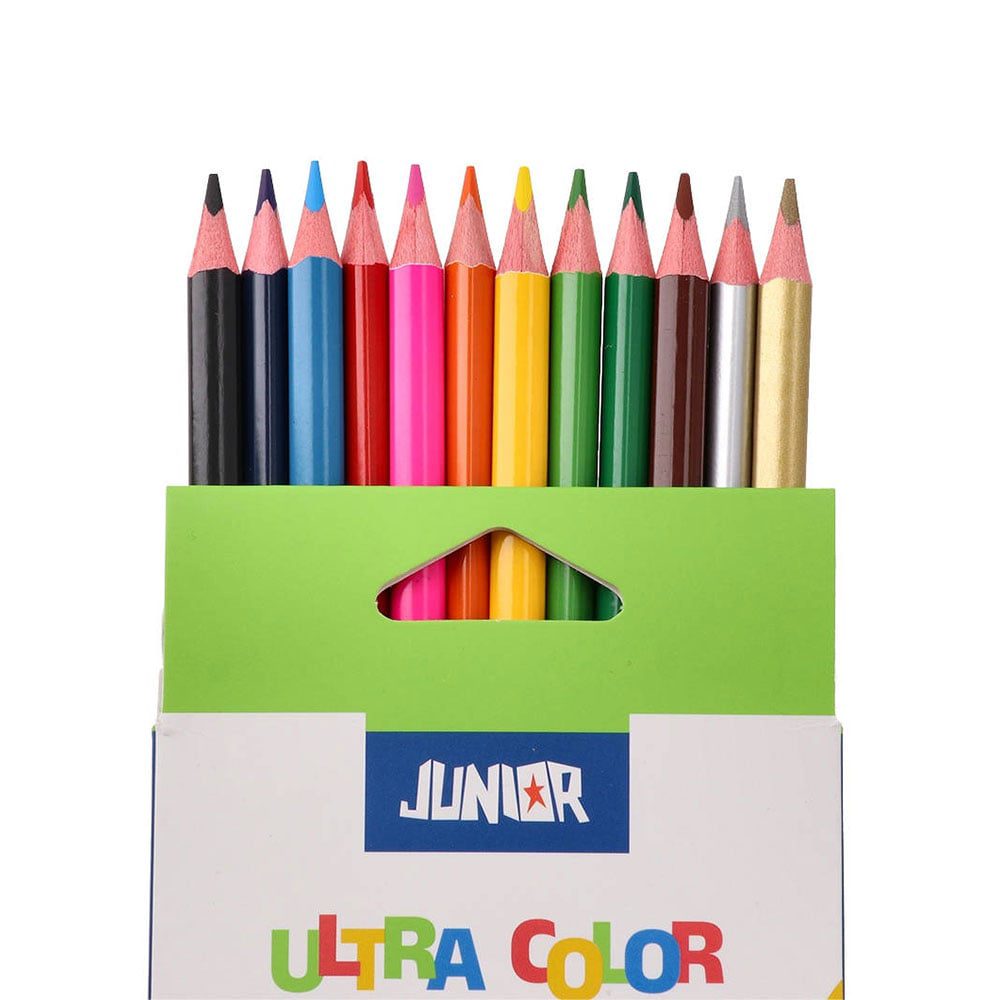 Цветни моливи Junior Ultra Color, триъгълни, 10 стандартни и 2 металикови цвята Цветни моливи Junior Ultra Color, триъгълни, 10 стандартни и 2 металикови цвята