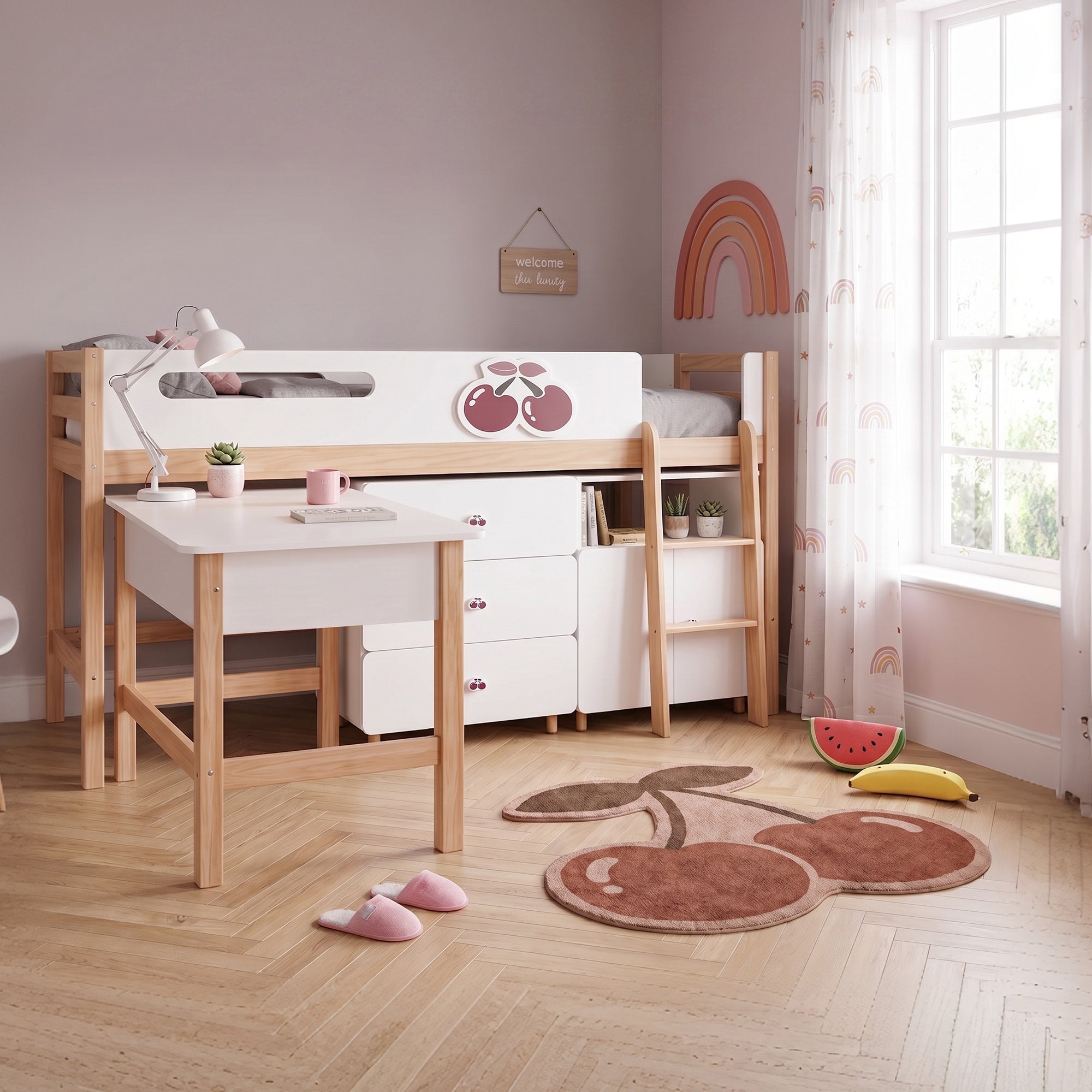 Комплект Детска Стая GINGER HOME CHERRY с Комбинирано Легло 90x200 см, Бюро, Скрин, Шкаф и Трикрилен Гардероб, Бяло, Розово и Натурално Дърво Комплект Детска Стая GINGER HOME CHERRY с Комбинирано Легло 90x200 см, Бюро, Скрин, Шкаф и Трикрилен Гардероб, Бяло, Розово и Натурално Дърво