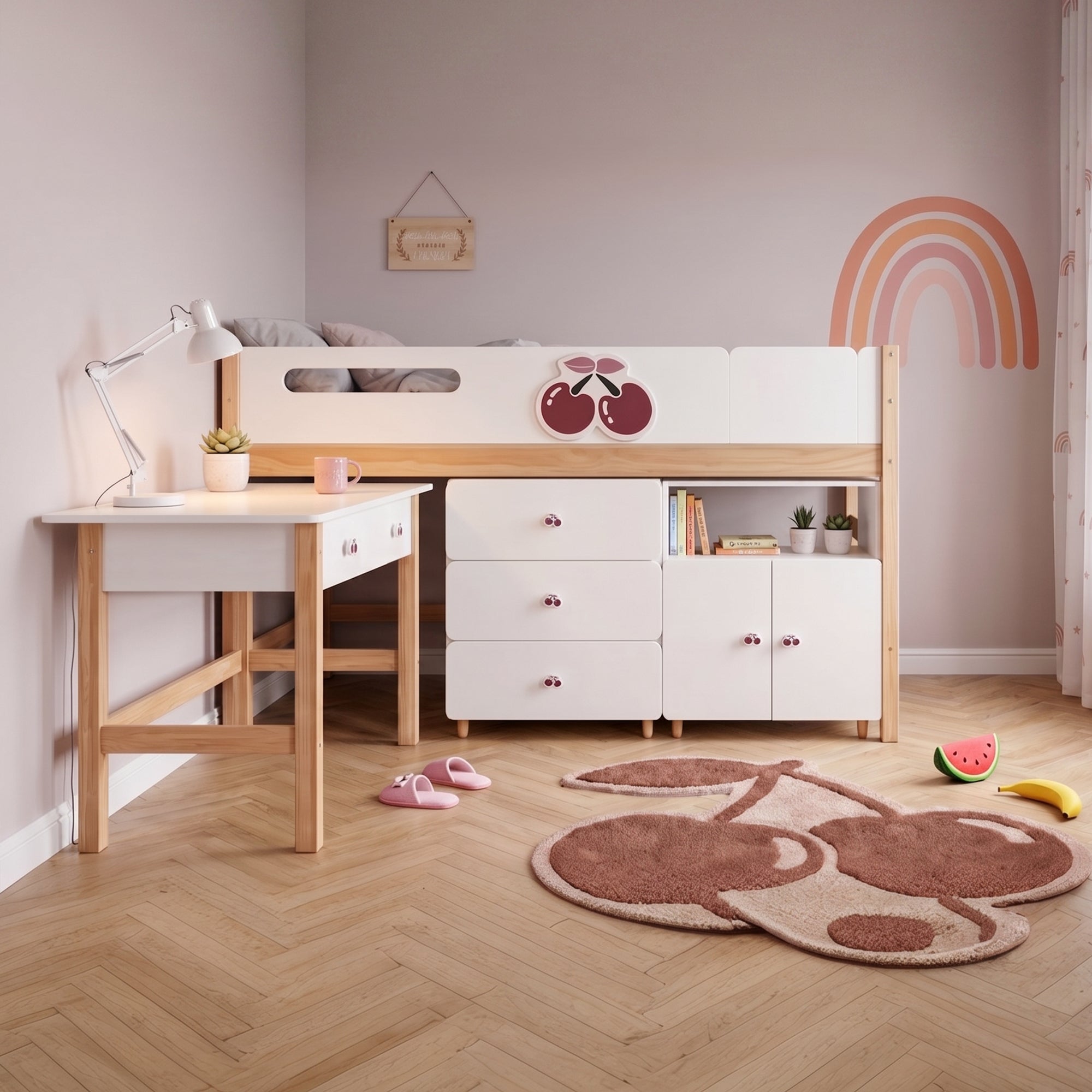 Комплект Детска Стая GINGER HOME CHERRY с Комбинирано Легло 90x200 см, Бюро, Скрин, Шкаф и Трикрилен Гардероб, Бяло, Розово и Натурално Дърво Комплект Детска Стая GINGER HOME CHERRY с Комбинирано Легло 90x200 см, Бюро, Скрин, Шкаф и Трикрилен Гардероб, Бяло, Розово и Натурално Дърво