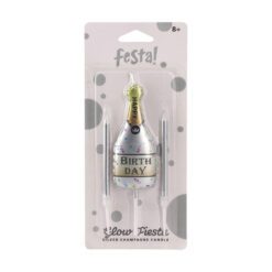 Свещ за торта Festa, Happy Birthday, форма на шампанско, сребриста